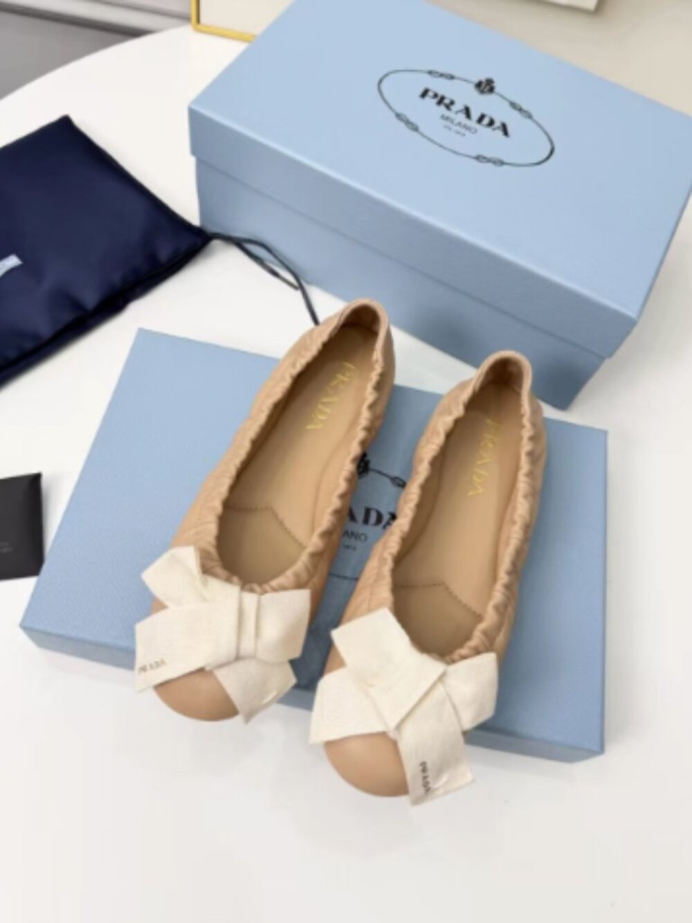 Prada Beige Leather Bow Ballet Flats